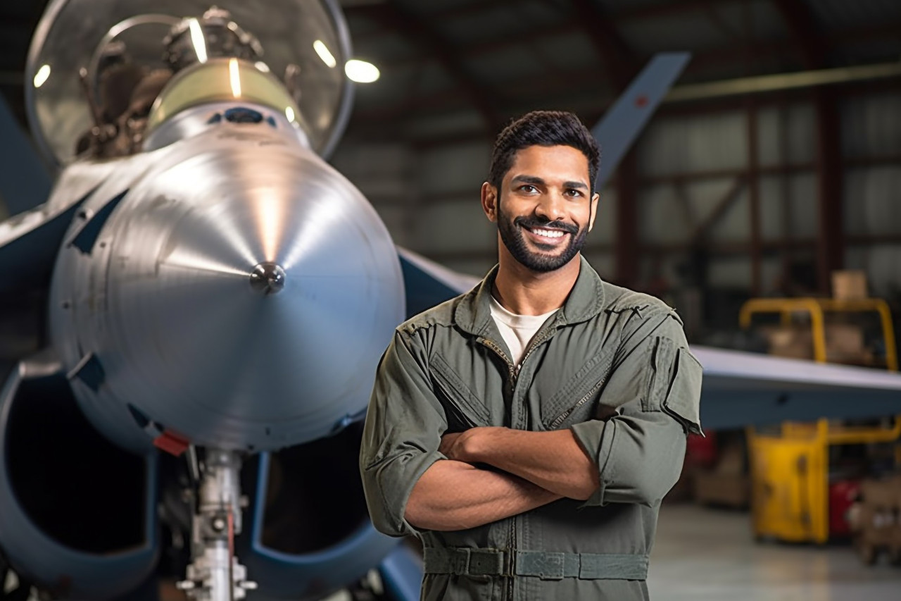 Skilled indian aircraft mechanic working with a focused expression on a blurred background