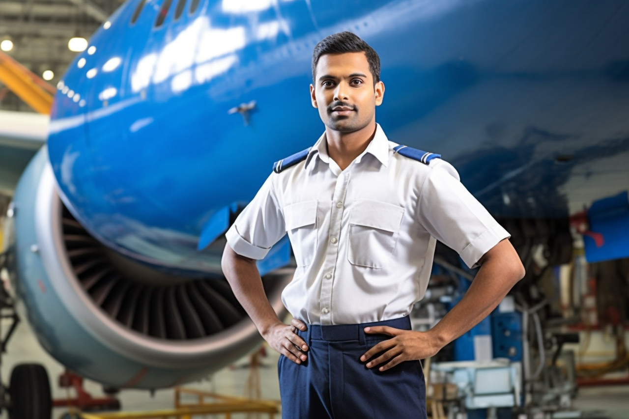 Skilled indian aircraft mechanic working with a focused expression on a blurred background