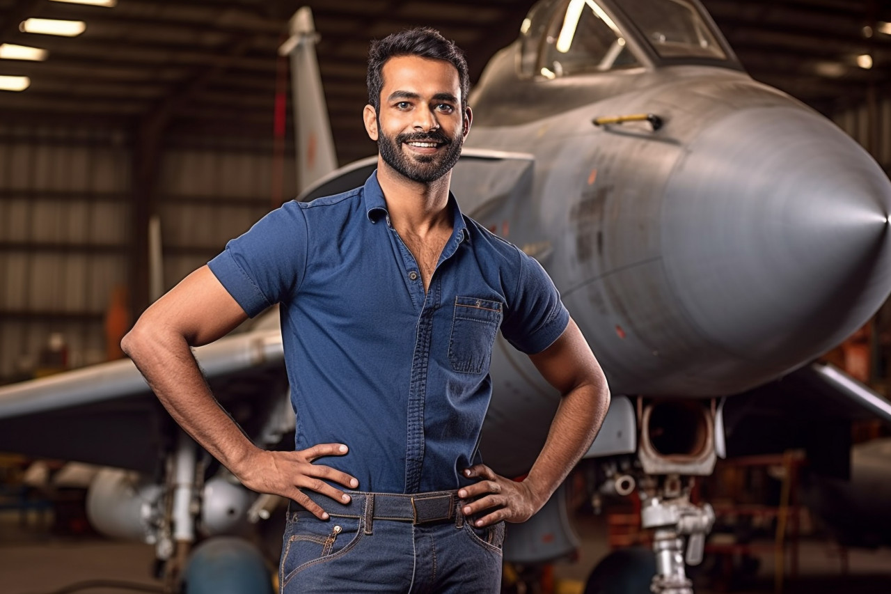 Skilled indian aircraft mechanic working with a focused expression on a blurred background