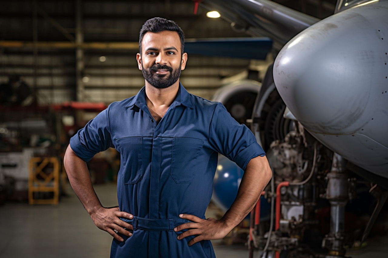 Skilled indian aircraft mechanic working with a focused expression on a blurred background