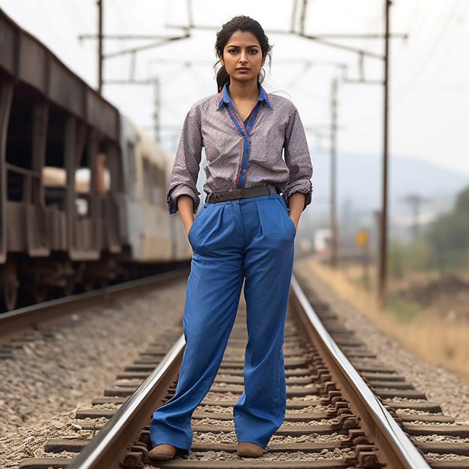 Dedicated indian female train conductor working on a blurred background