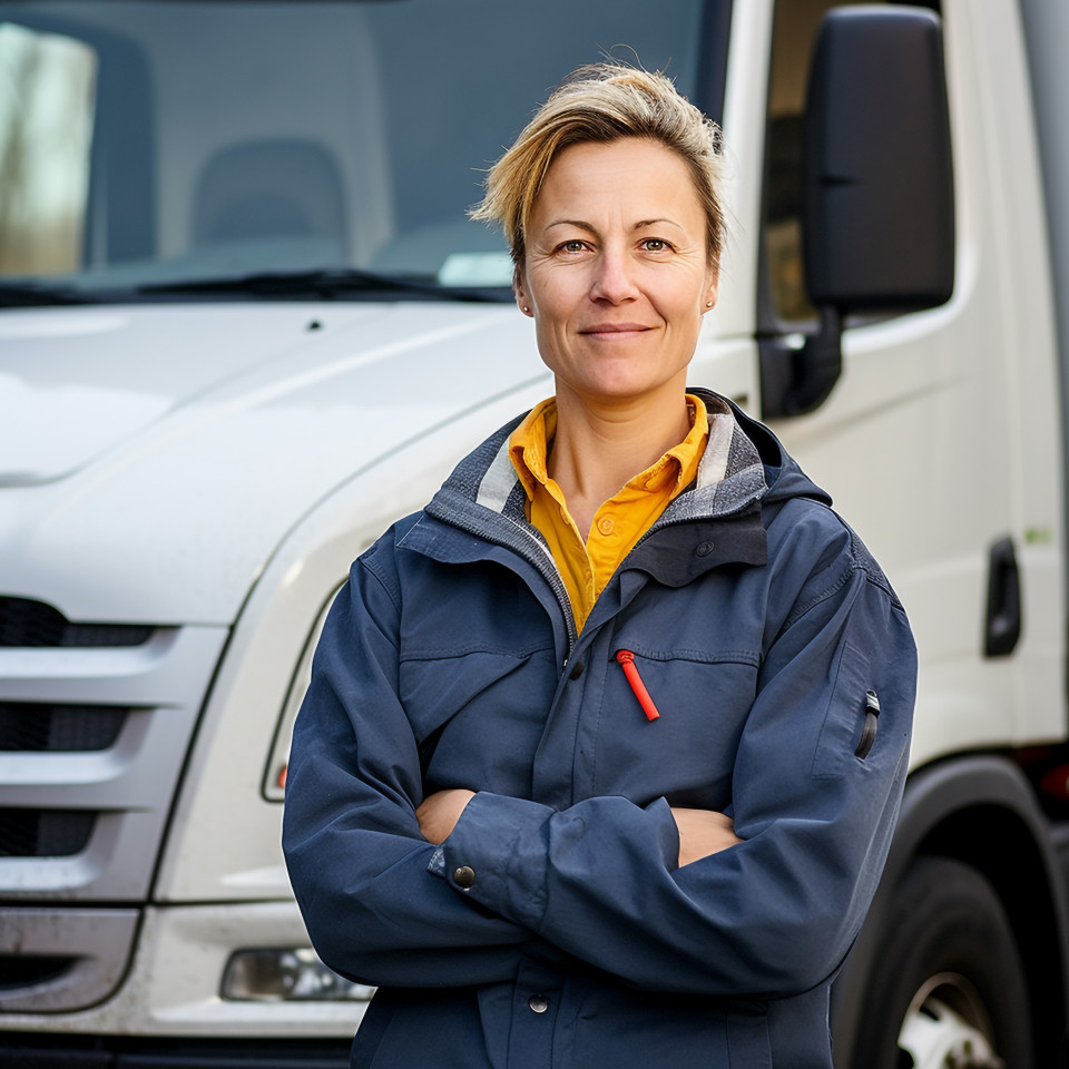 Empowered female trucker navigates her rig against on a blurred background
