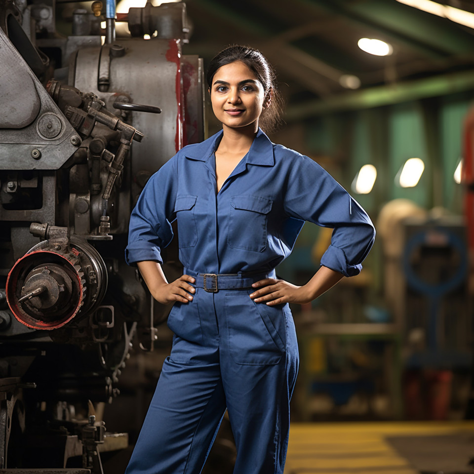 Skilled indian female train driver operates controls on a blurred background