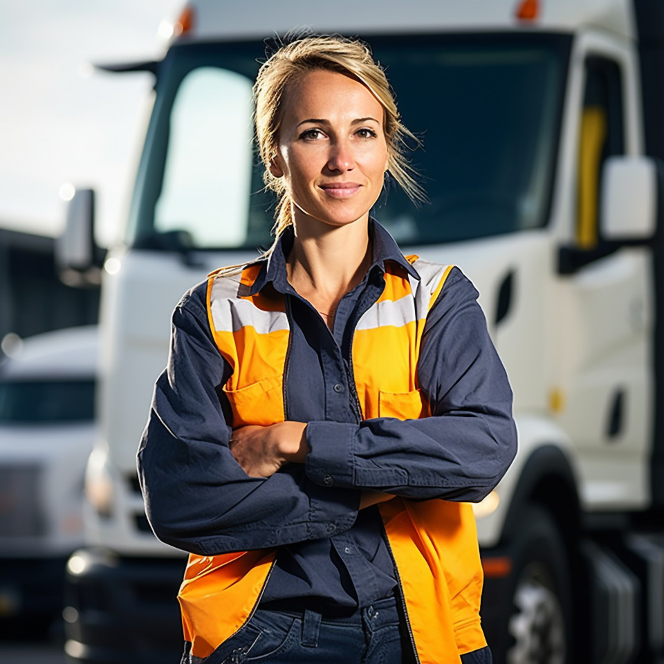 Empowered female trucker navigates her rig against on a blurred background