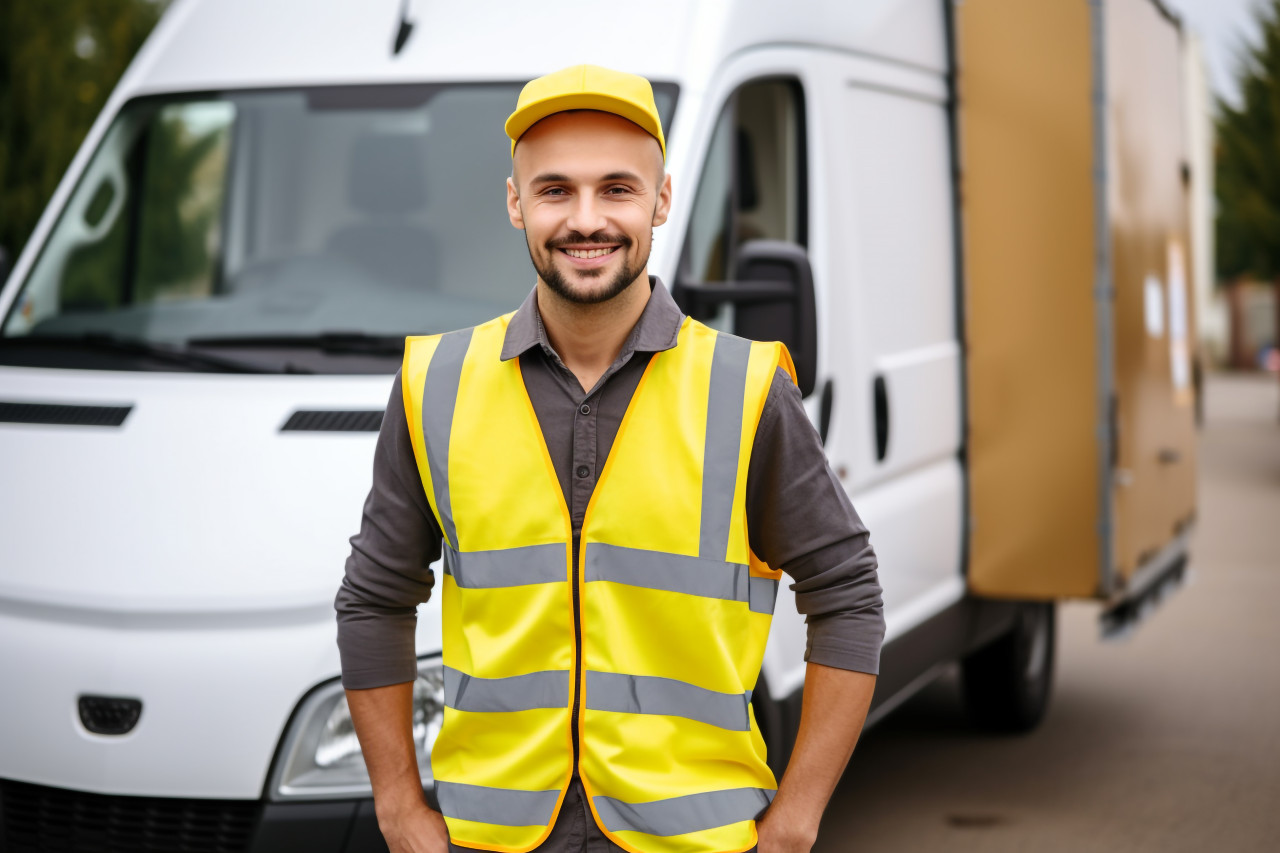 Smiling delivery man holding package ready for delivery on a blurred background