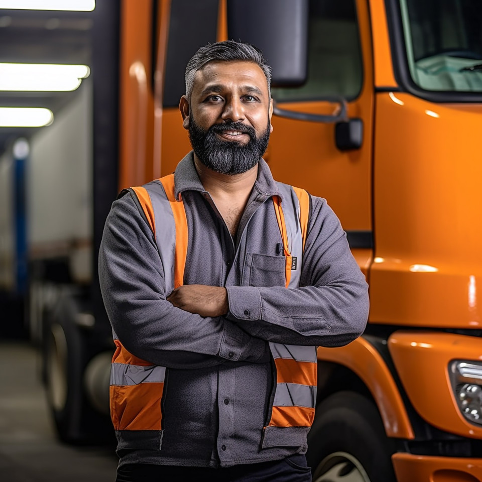 Skilled indian truck mechanic repairs vehicle with expertise on a blurred background