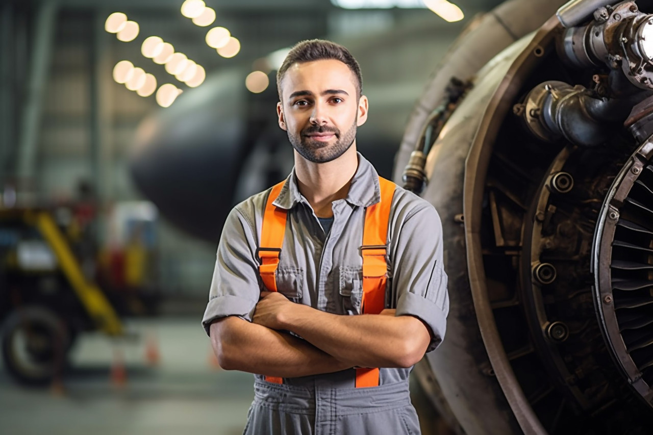 Skilled aircraft mechanic confidently repairs airplane in hangar on a blurred background