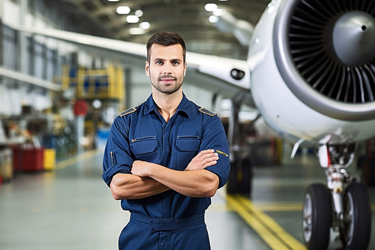Skilled aircraft mechanic confidently repairs airplane in hangar on a blurred background