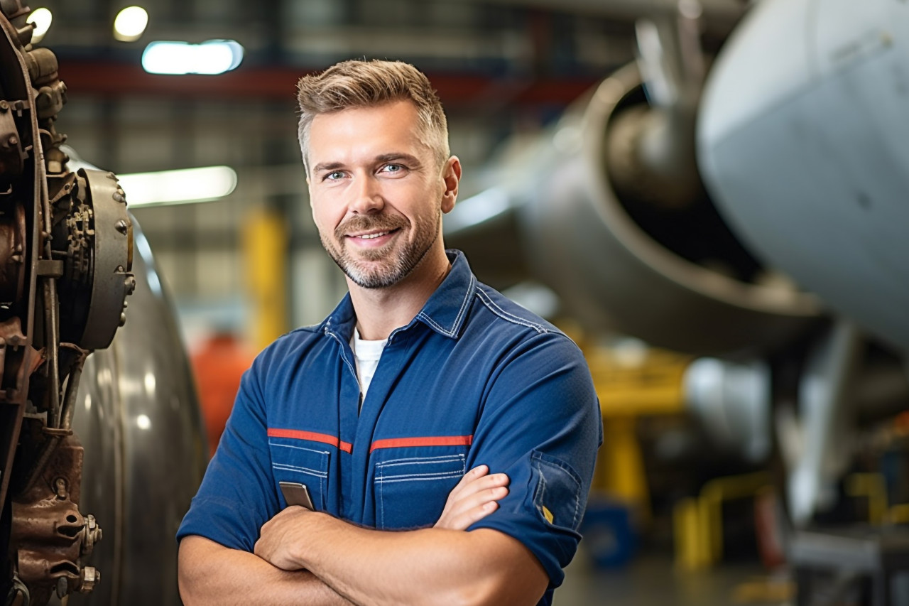 Skilled aircraft mechanic confidently repairs airplane in hangar on a blurred background