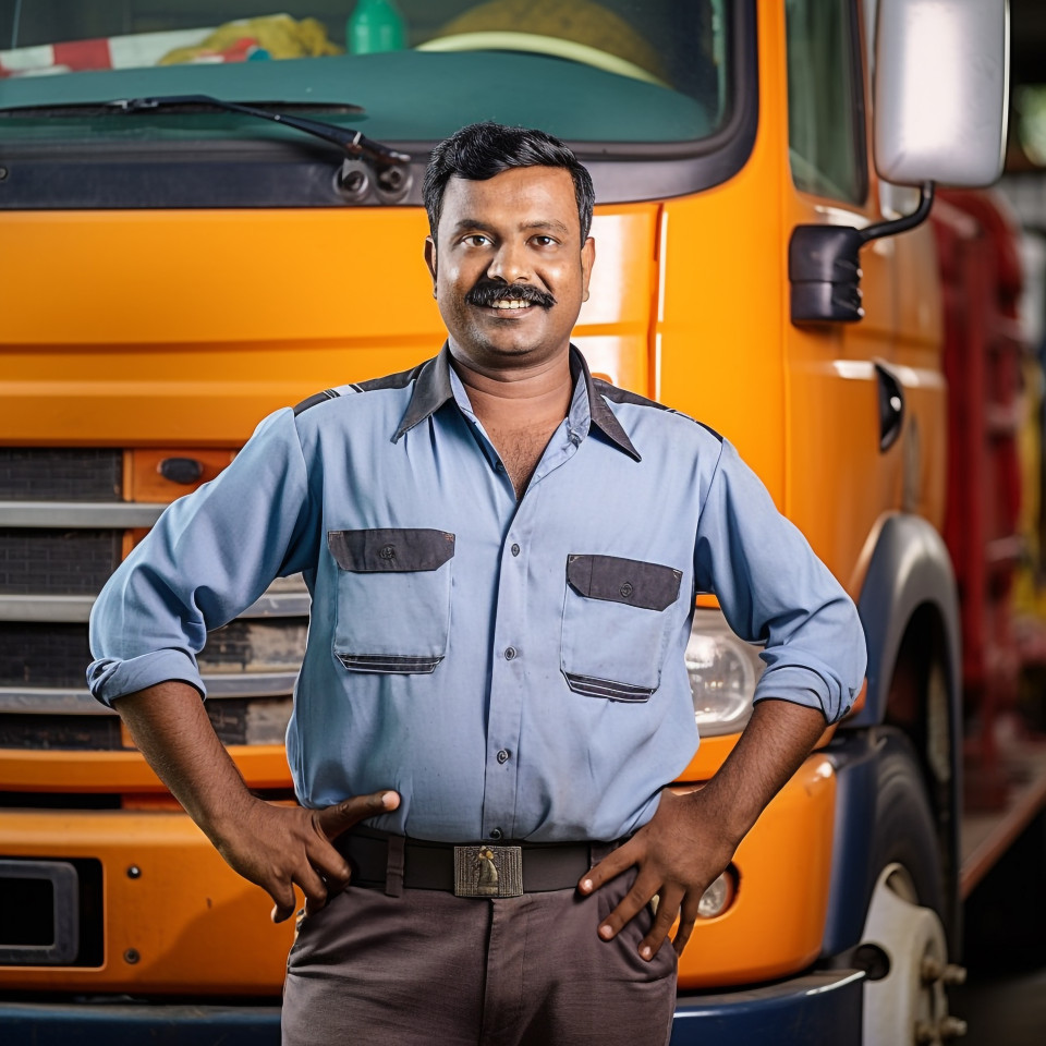 Skilled indian truck mechanic repairs vehicle with expertise on a blurred background