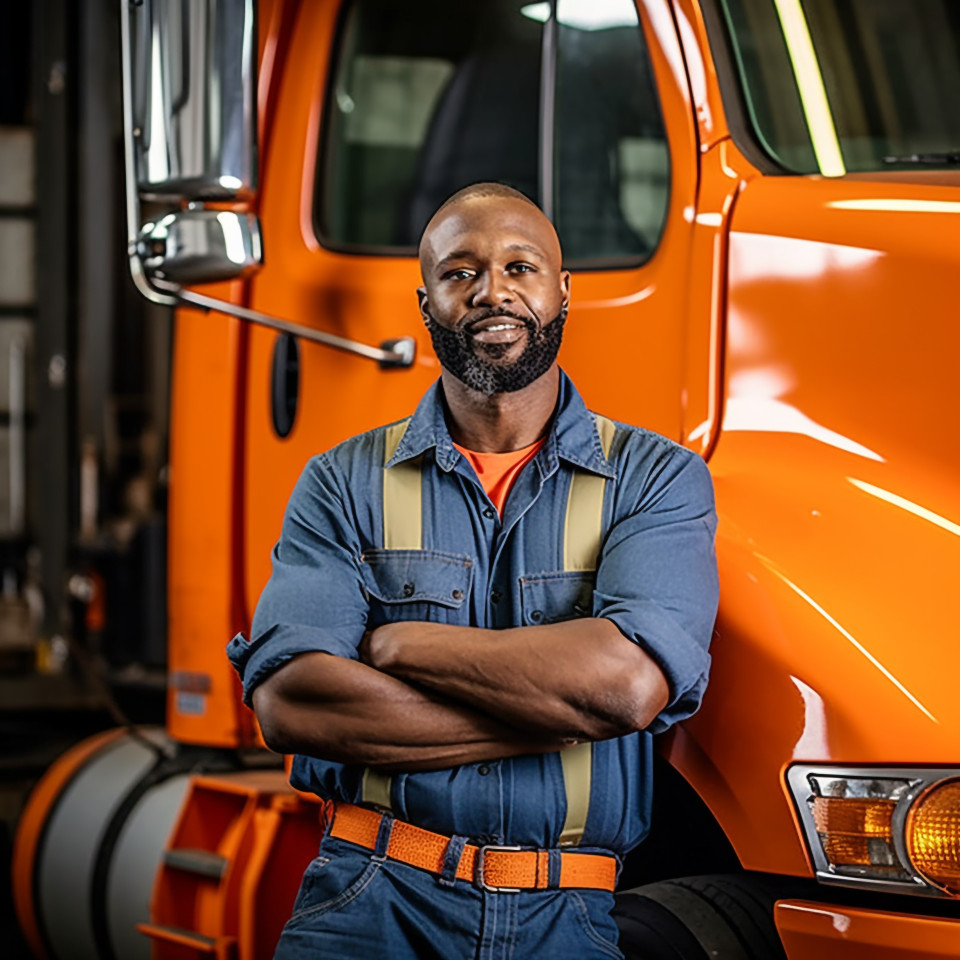 Skilled truck mechanic working confidently against a blurred background