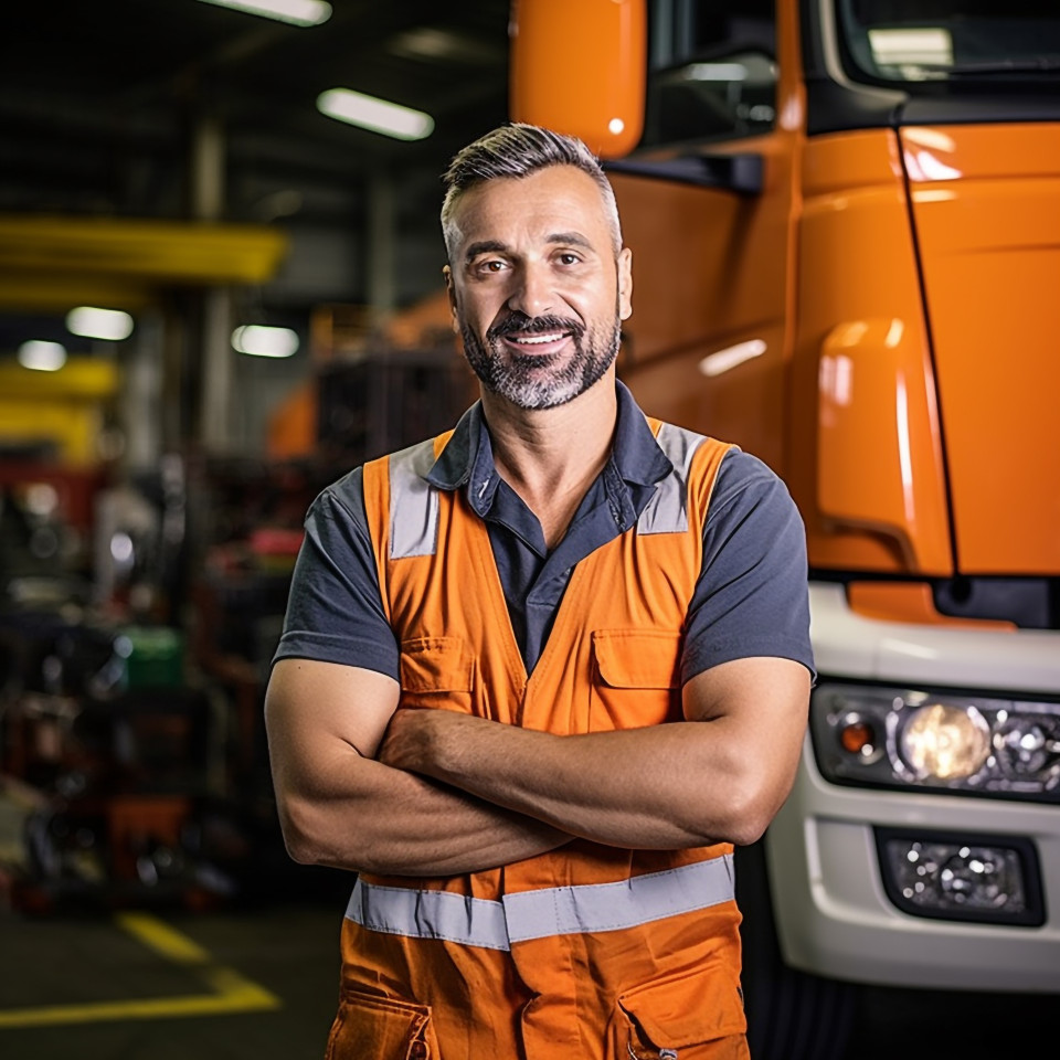 Skilled truck mechanic working confidently against a blurred background