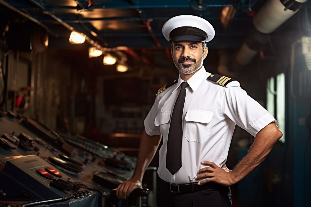 Dedicated indian ship captain steering vessel on a blurred background