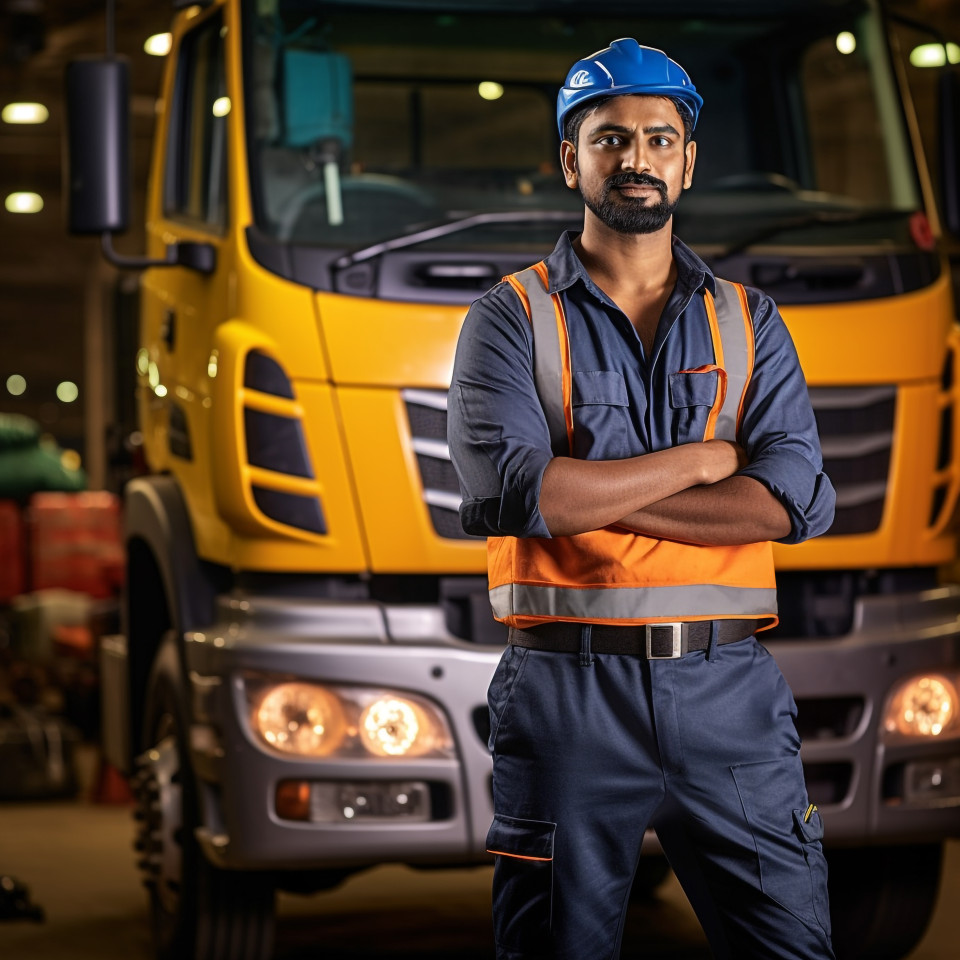 Skilled indian truck mechanic repairs vehicle with expertise on a blurred background