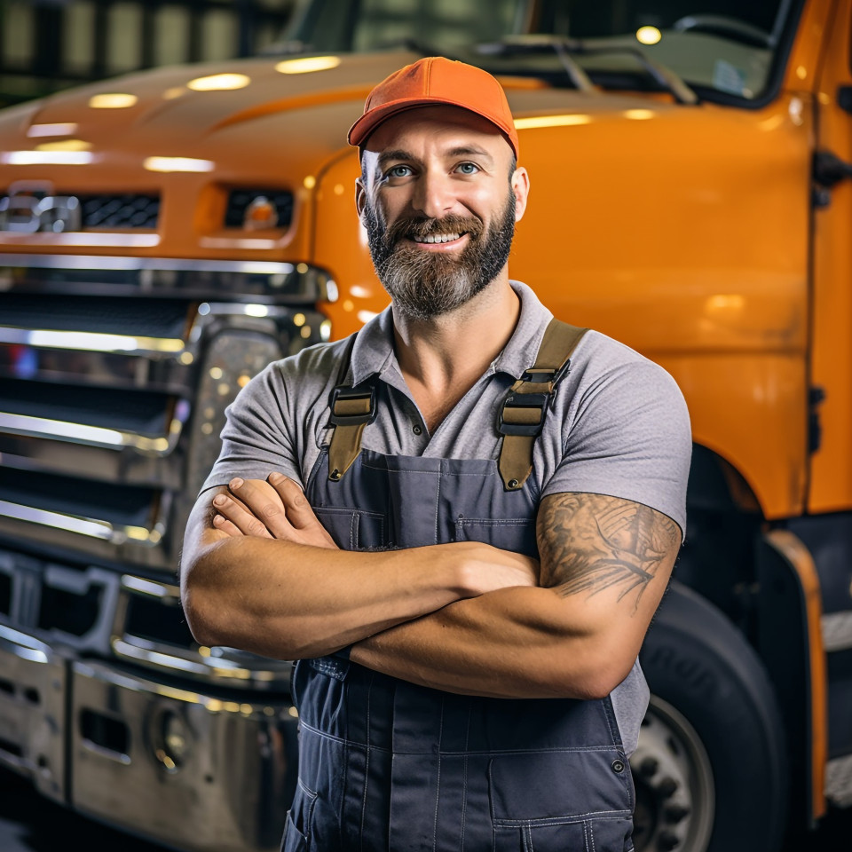 Skilled truck mechanic working confidently against a blurred background