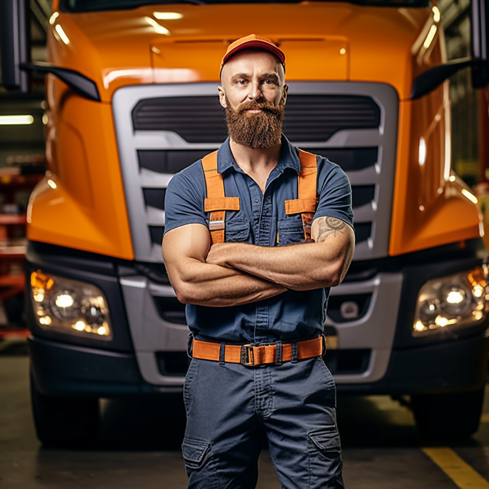 Skilled truck mechanic working confidently against a blurred background