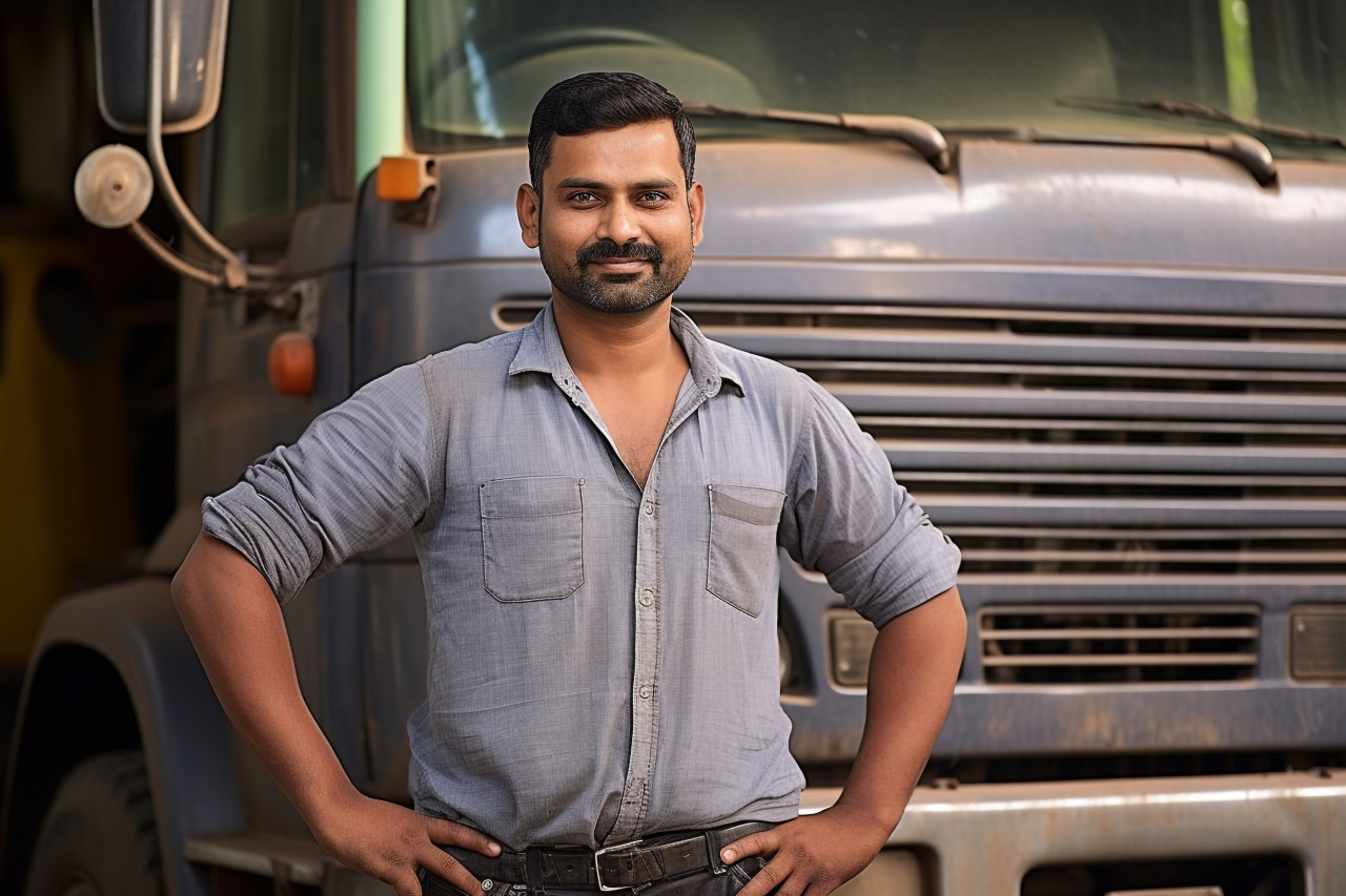Skilled indian truck mechanic repairs vehicle with expertise on a blurred background