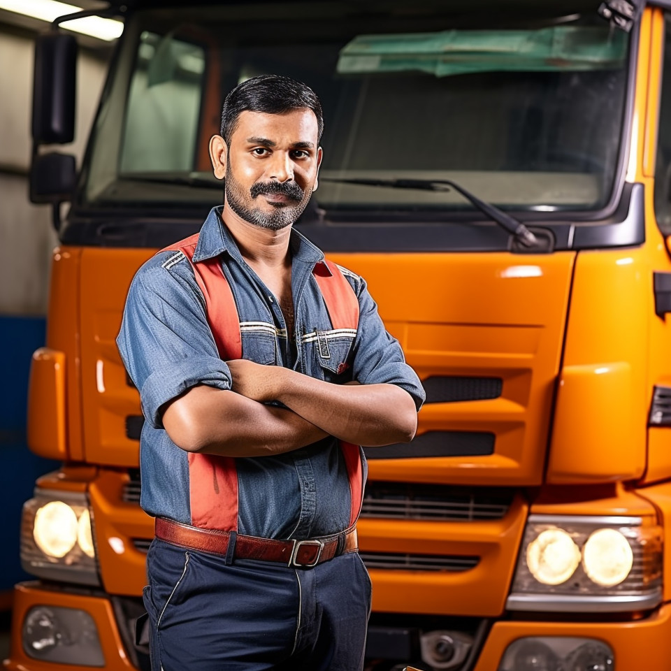 Skilled indian truck mechanic repairs vehicle with expertise on a blurred background