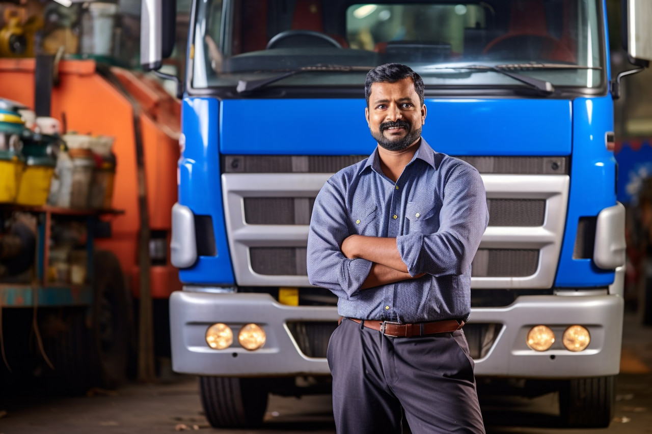 Skilled indian truck mechanic repairs vehicle with expertise on a blurred background
