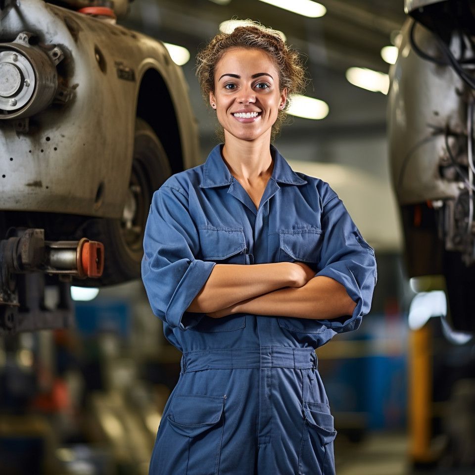 Happy female auto technician repairing a bus on blurred background