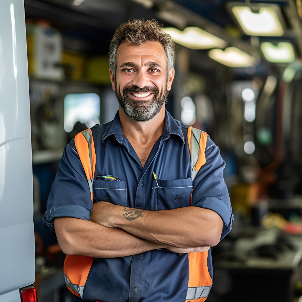 Smiling bus mechanic working against a blurred background