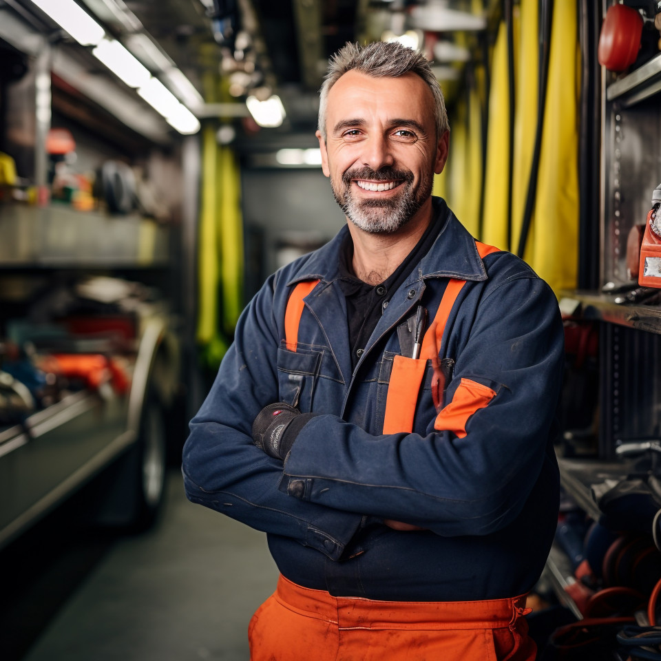 Smiling bus mechanic working against a blurred background