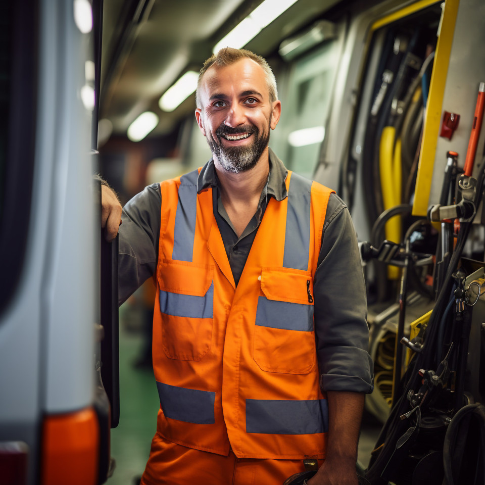 Smiling bus mechanic working against a blurred background