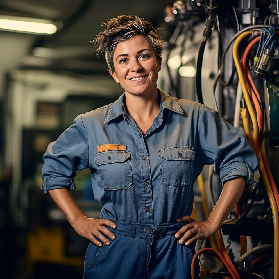 Happy female auto technician repairing a bus on blurred background