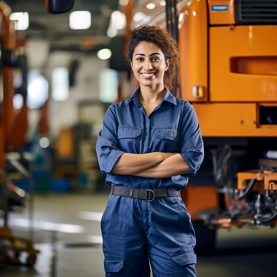 Happy female auto technician repairing a bus on blurred background