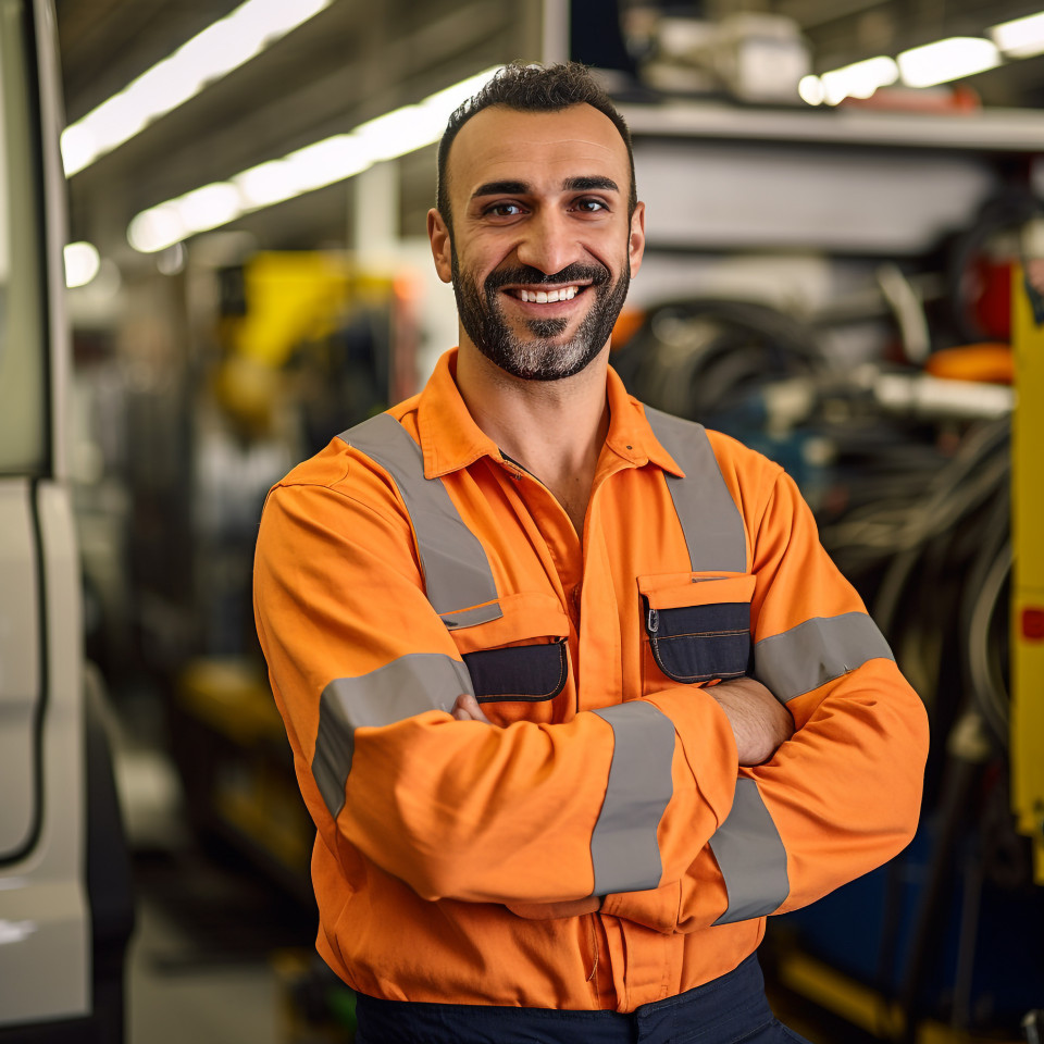 Smiling bus mechanic working against a blurred background