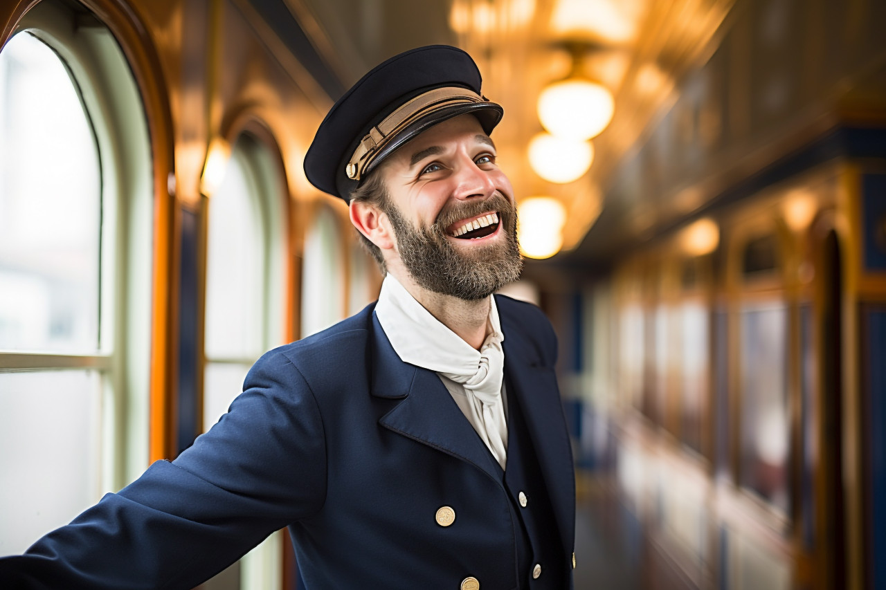 Cheerful train conductor with a welcoming smile on blurred background