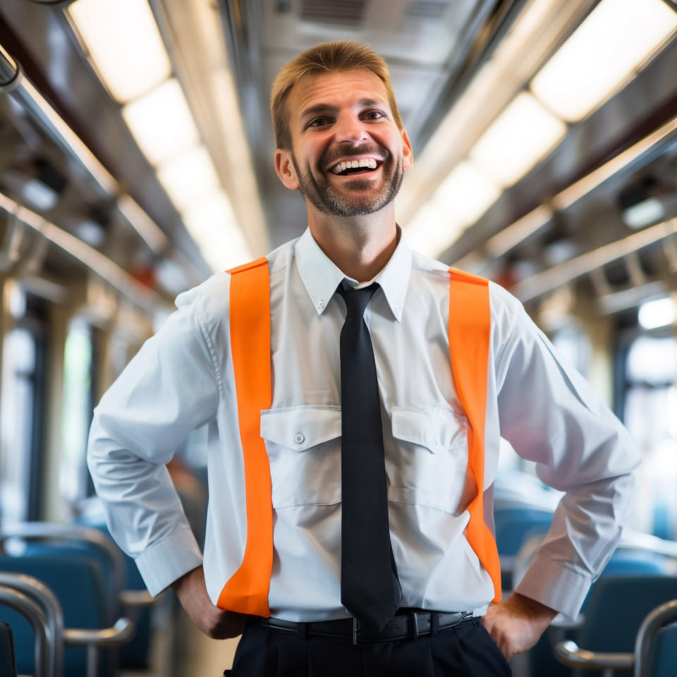 Cheerful train conductor with a welcoming smile on blurred background