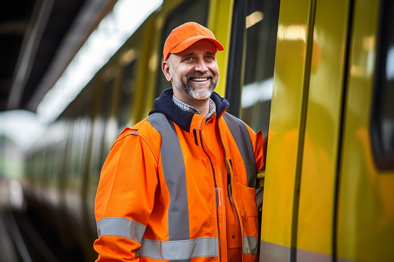 Cheerful train conductor with a welcoming smile on blurred background