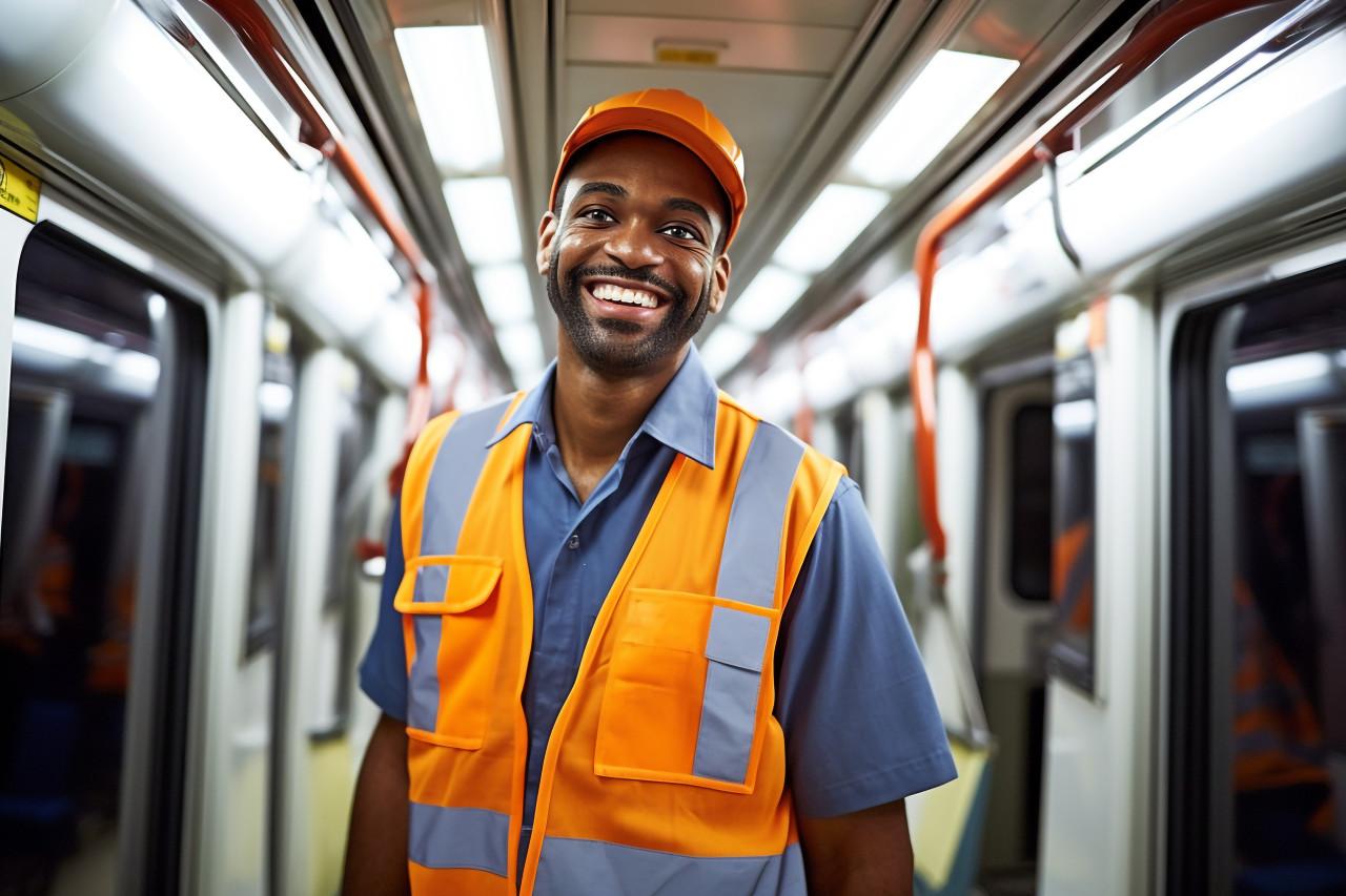 Cheerful train conductor with a welcoming smile on blurred background