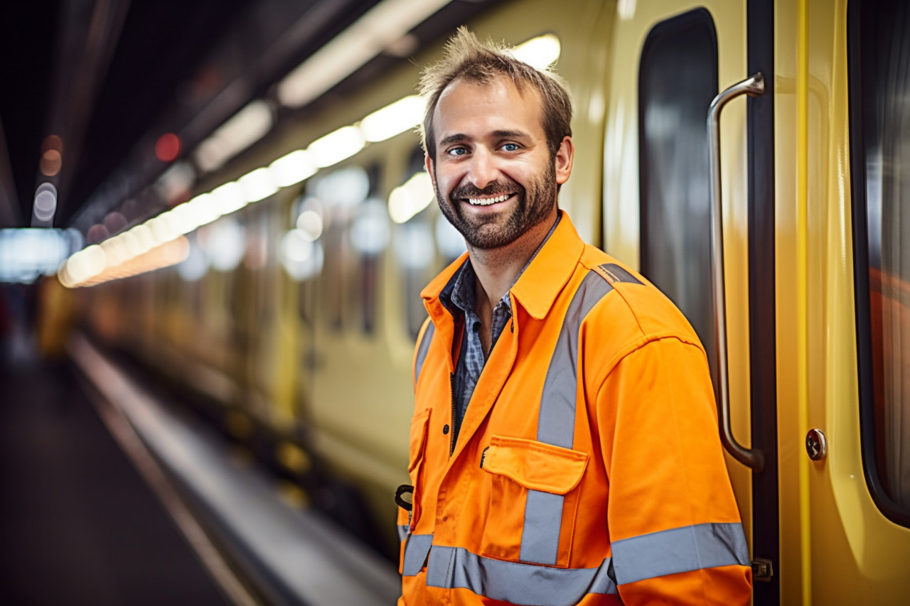 Cheerful train conductor with a welcoming smile on blurred background