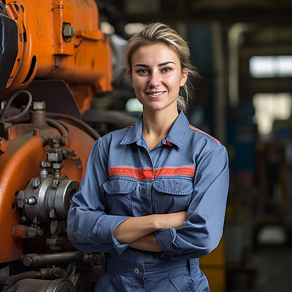 Cheerful female train driver working against a blurred background