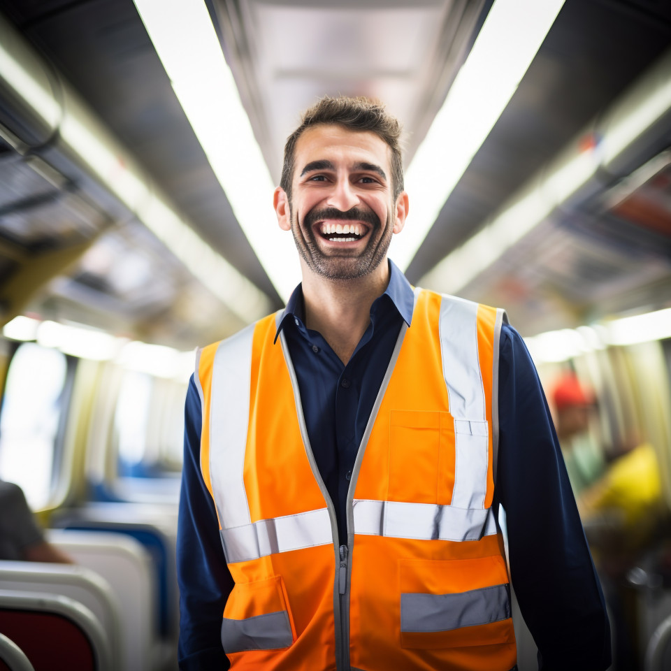 Cheerful train conductor with a welcoming smile on blurred background