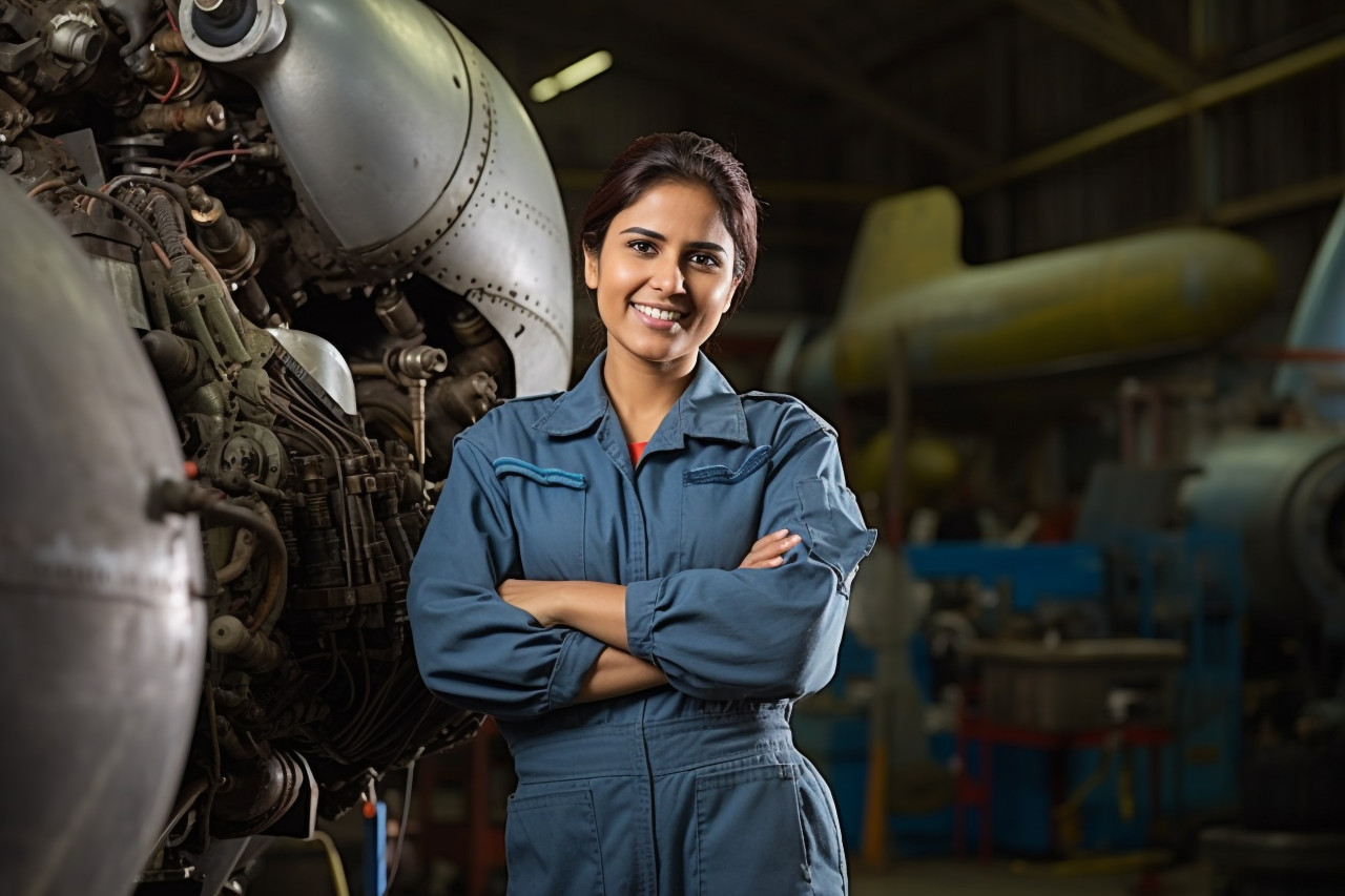 Cheerful indian woman aircraft mechanic repairs plane against a blurred background