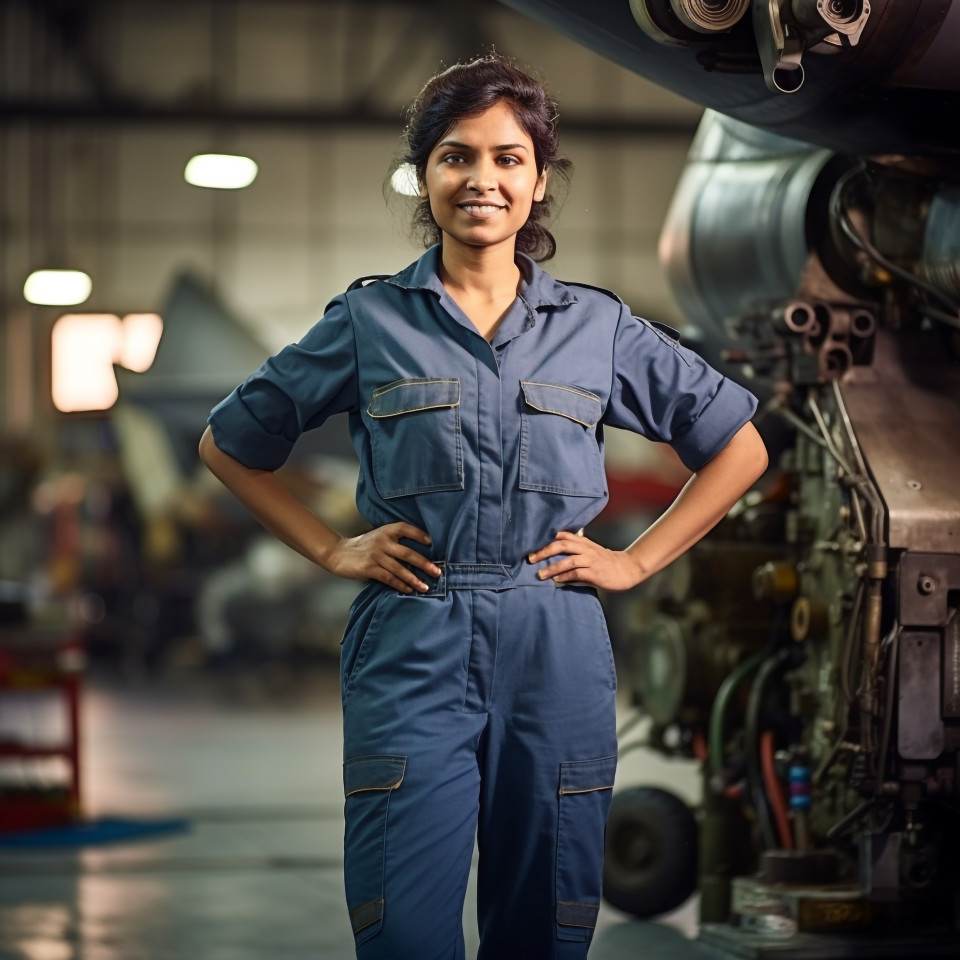 Cheerful indian woman aircraft mechanic repairs plane against a blurred background
