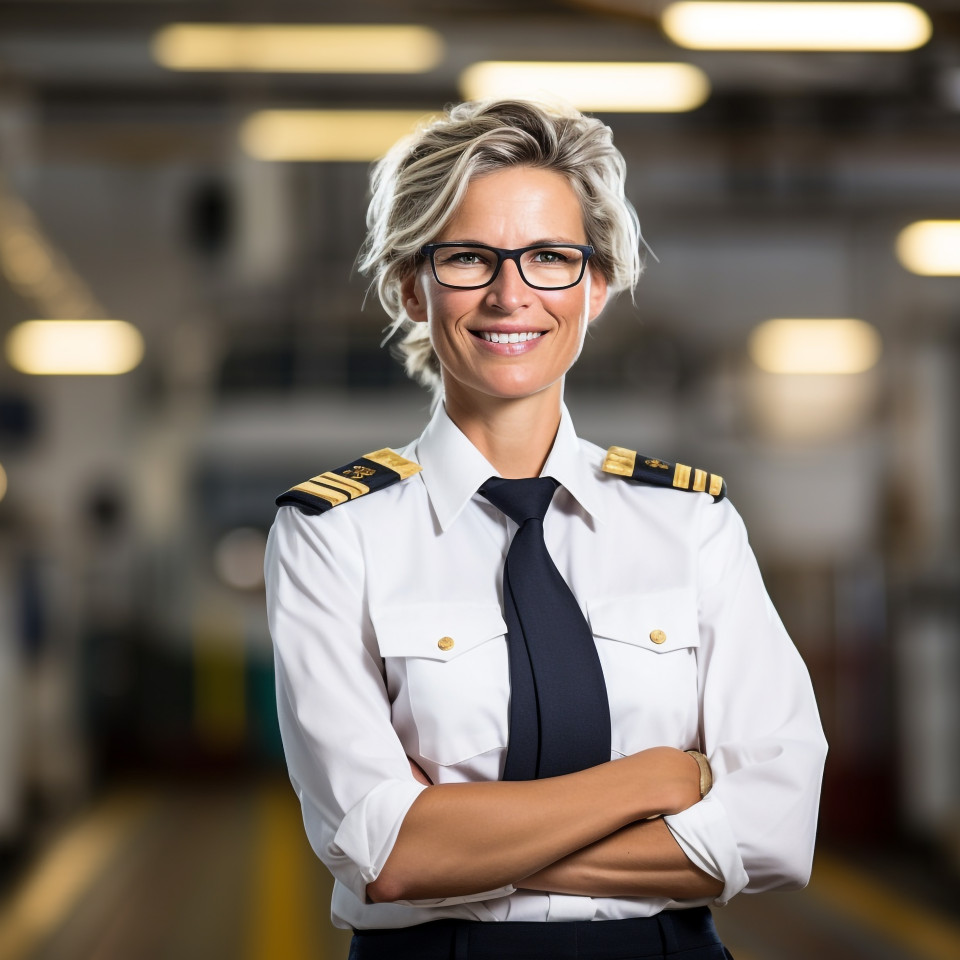 Happy female ship captain working against a blurred background