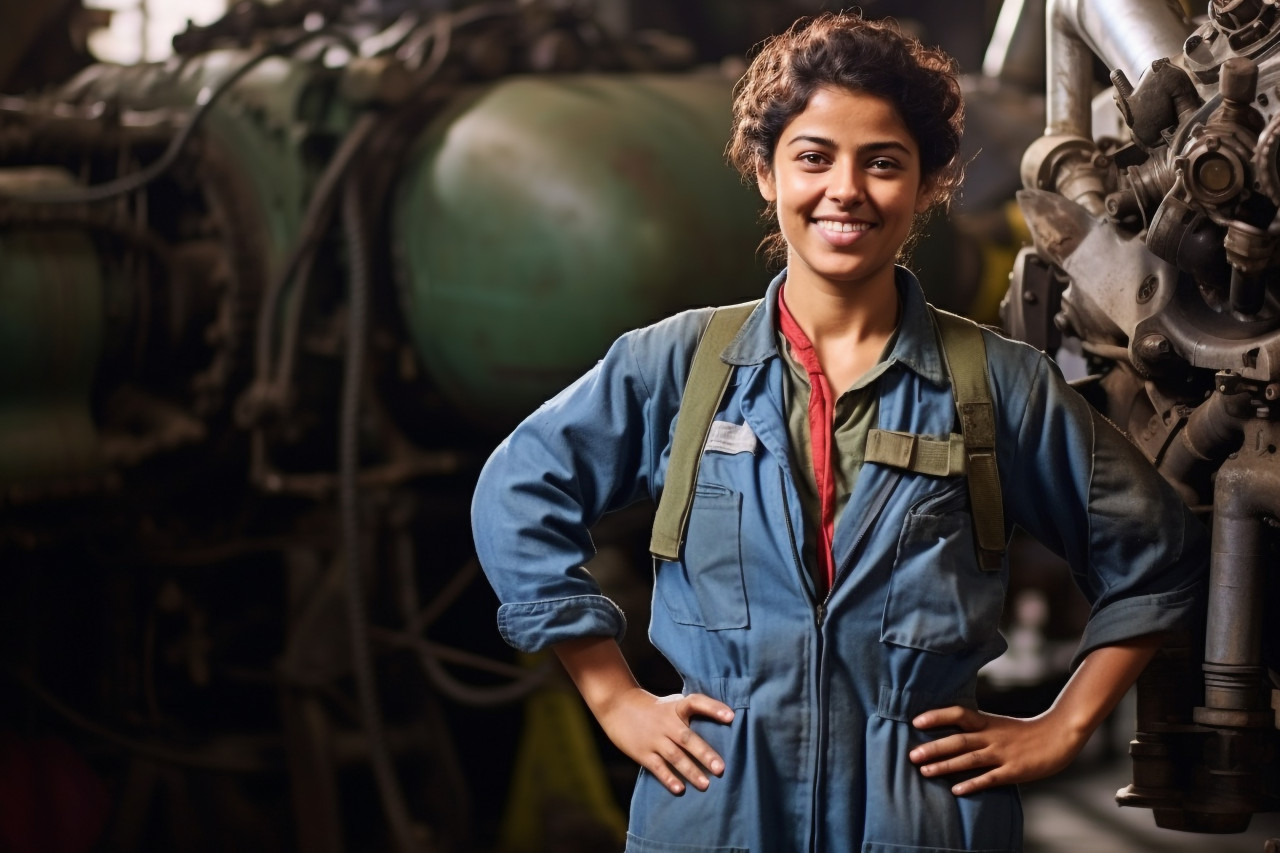 Cheerful indian woman aircraft mechanic repairs plane against a blurred background