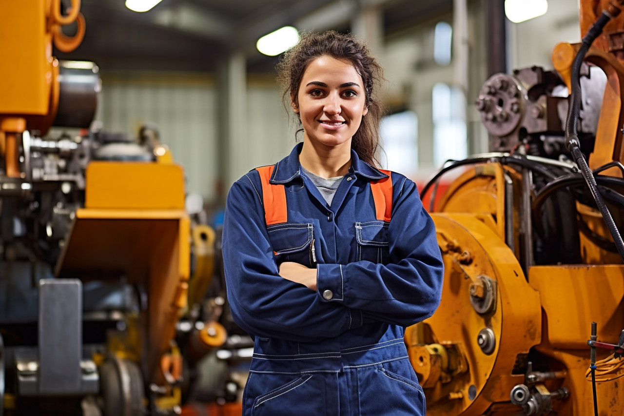 Cheerful female train driver working against a blurred background