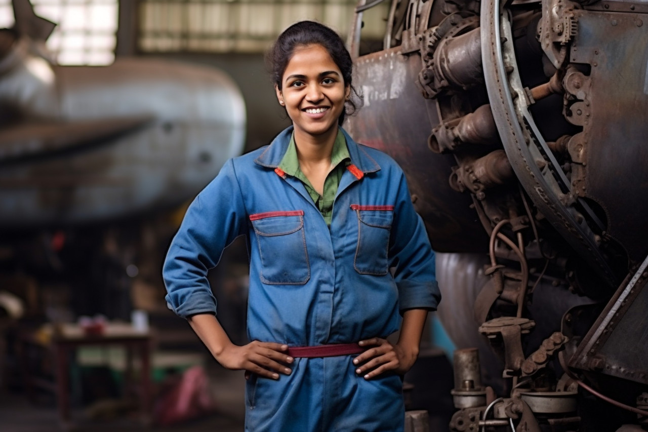 Cheerful indian woman aircraft mechanic repairs plane against a blurred background