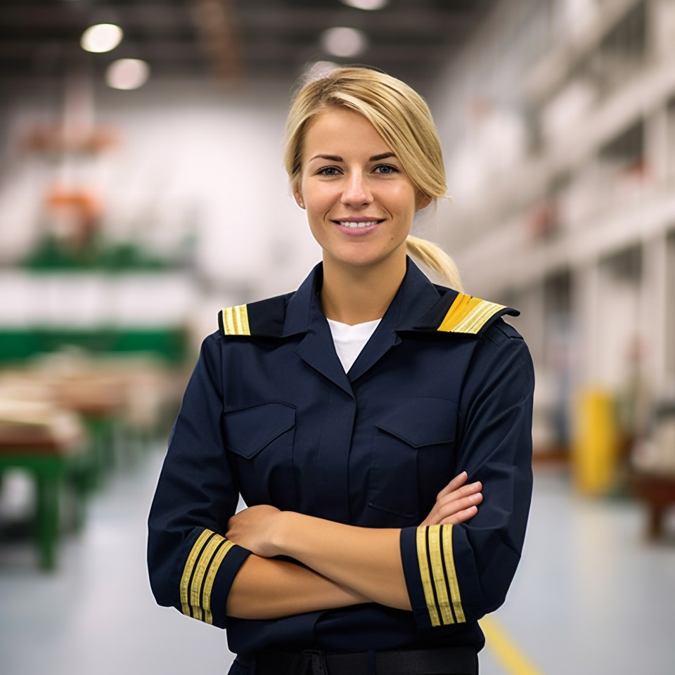Happy female ship captain working against a blurred background