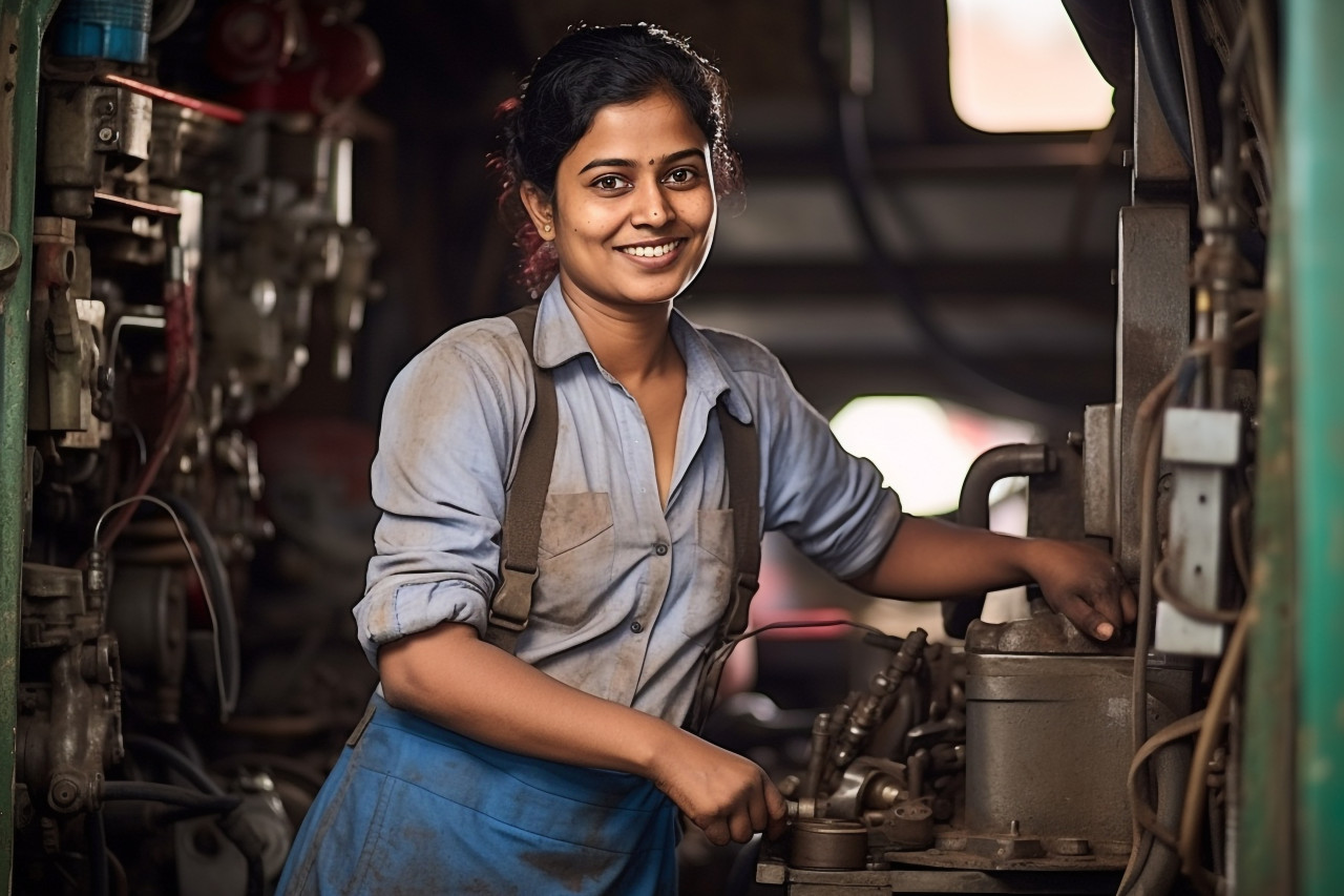 Cheerful indian woman mechanic fixing a bus in a workshop on blurred background