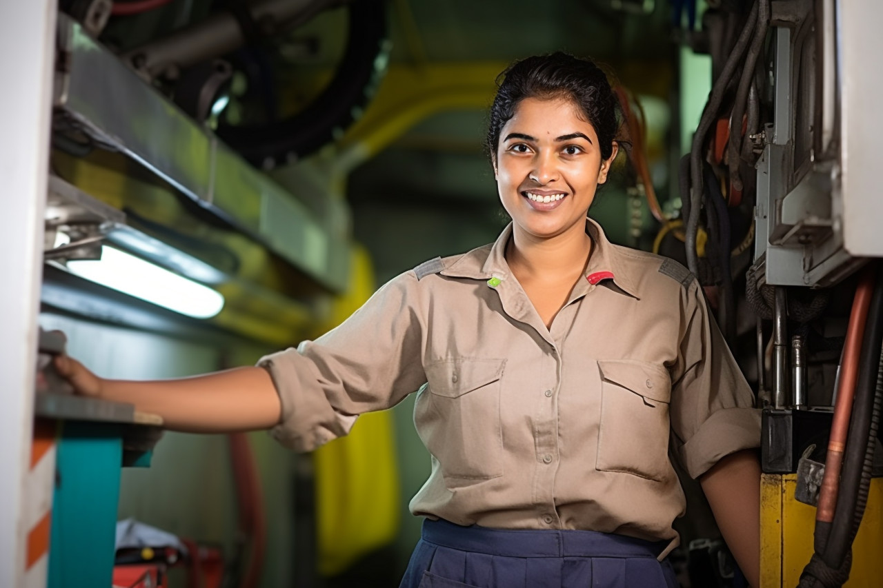 Cheerful indian woman mechanic fixing a bus in a workshop on blurred background