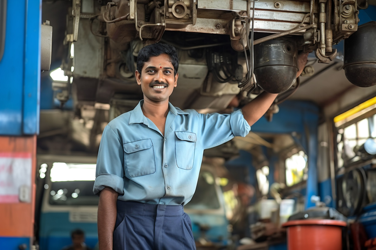 Cheerful indian woman mechanic fixing a bus in a workshop on blurred background