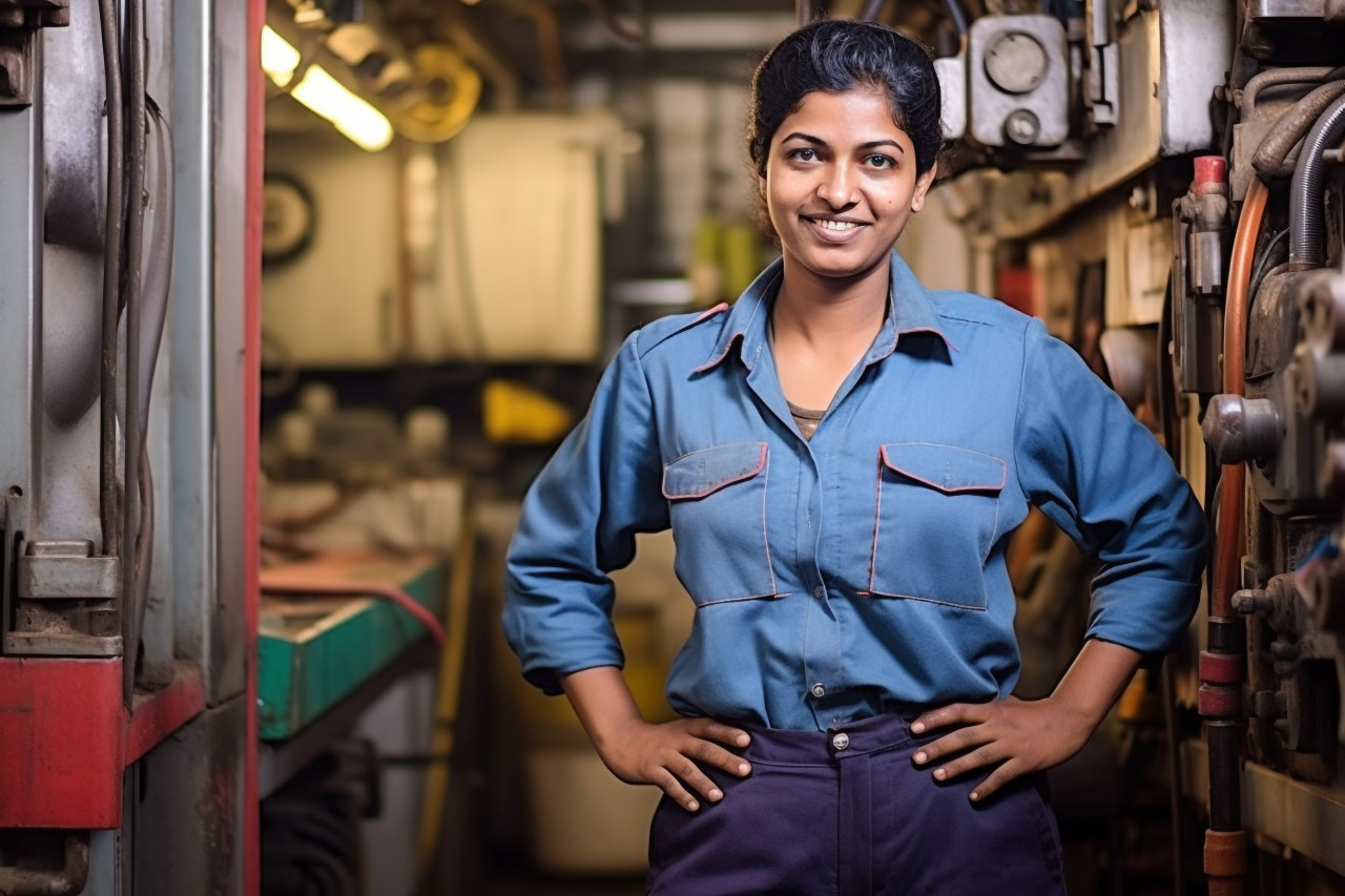 Cheerful indian woman mechanic fixing a bus in a workshop on blurred background