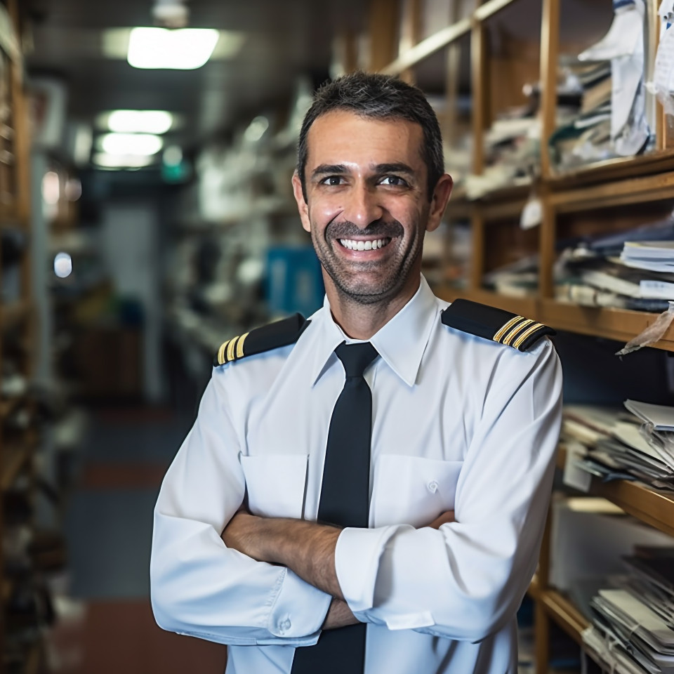 Eemingly cheerful ship captain with a warm smile on blurred background