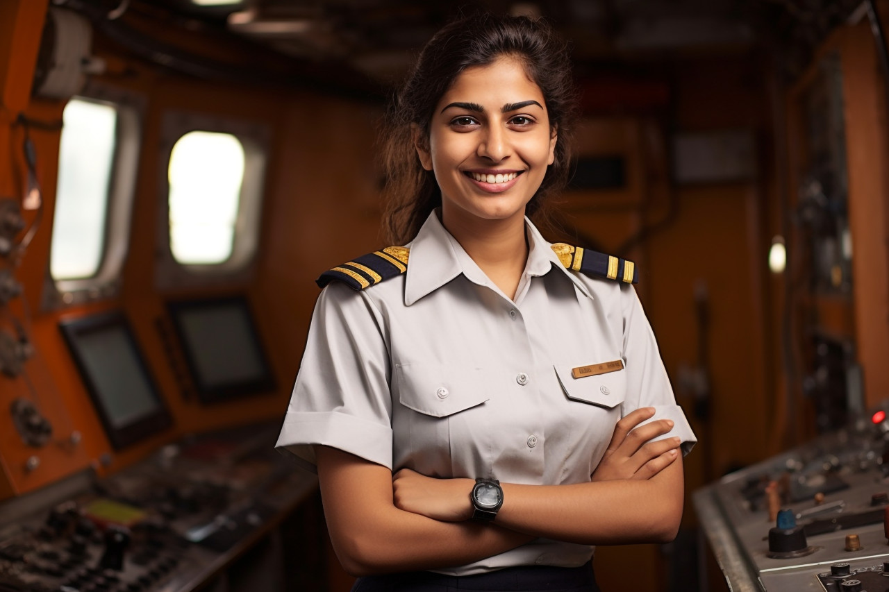 Cheerful indian female ship captain working against a blurred background
